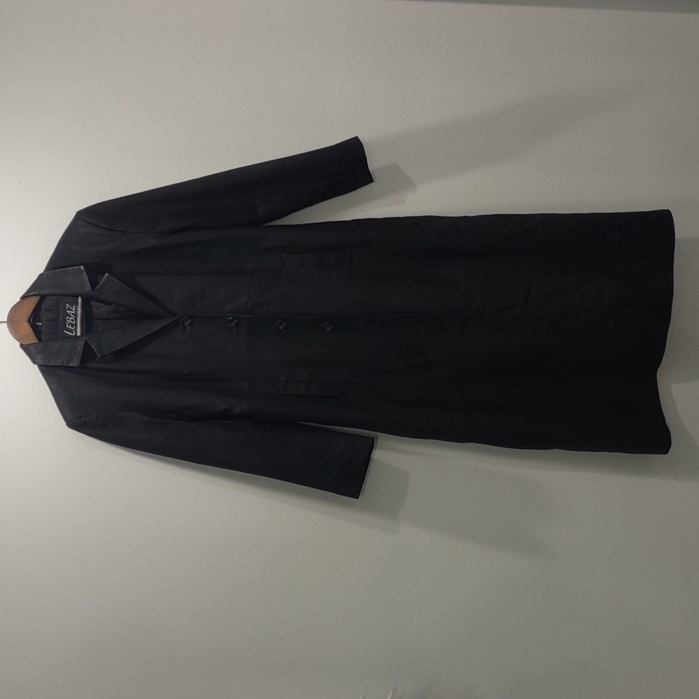 Vintage Lebaz Black Leather Trench Coat Size Large